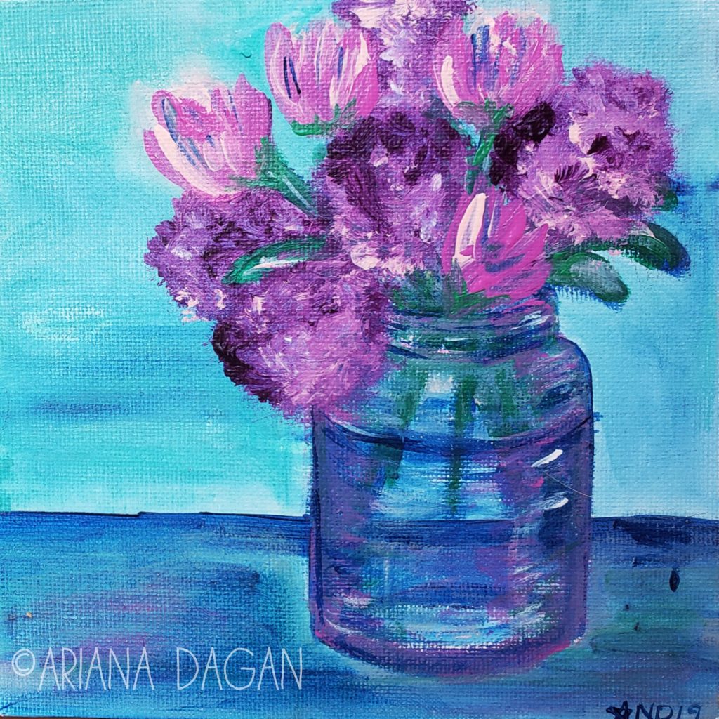 6"x6" Purple Mums and Pink Tulips in a Vase Ariana Dagan